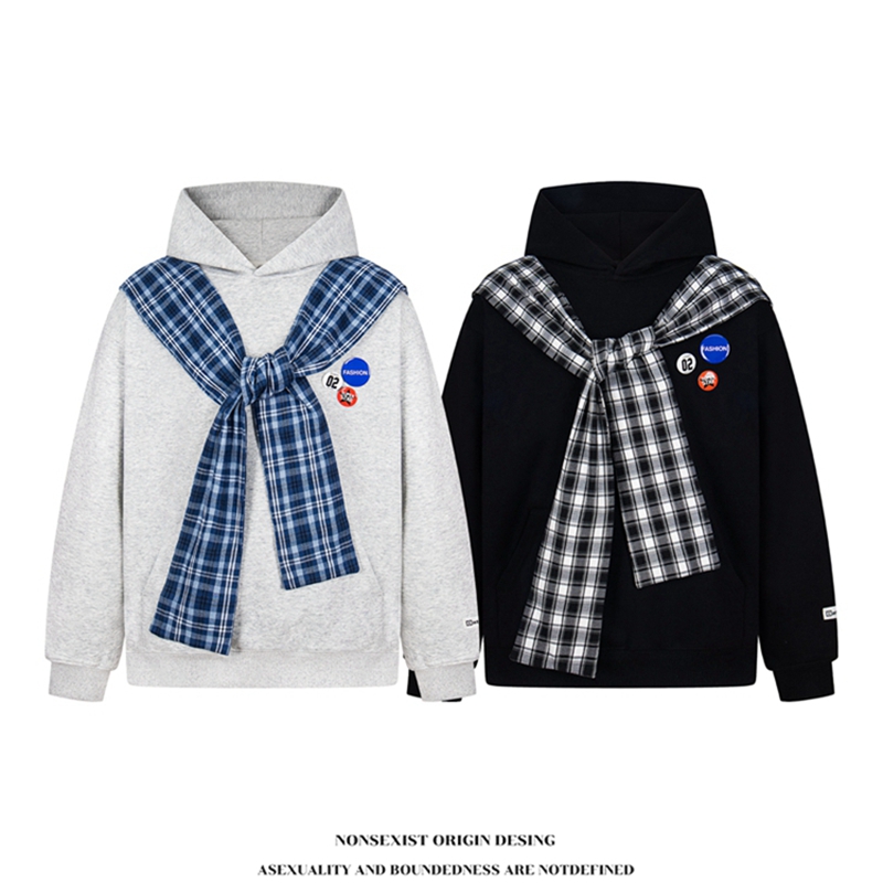 NONSEXIST 原创国潮假两件格子披肩连帽卫衣男女秋冬宽松百搭帽衫