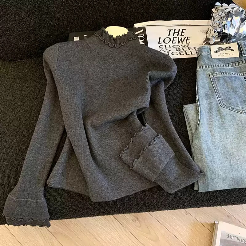 自留款推荐~木耳花边半高领长袖打底衫女秋冬新款温柔风内搭毛衣