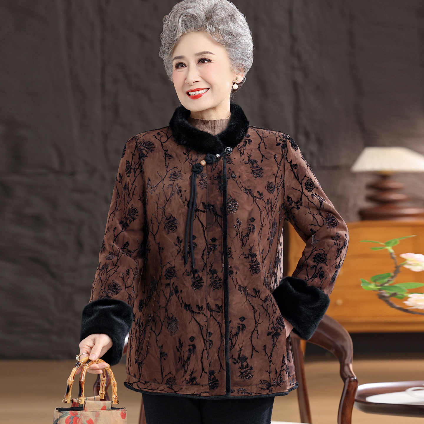 老年人妈妈秋冬唐装袖子加绒上衣奶奶装国风新中式外套老太太衣服