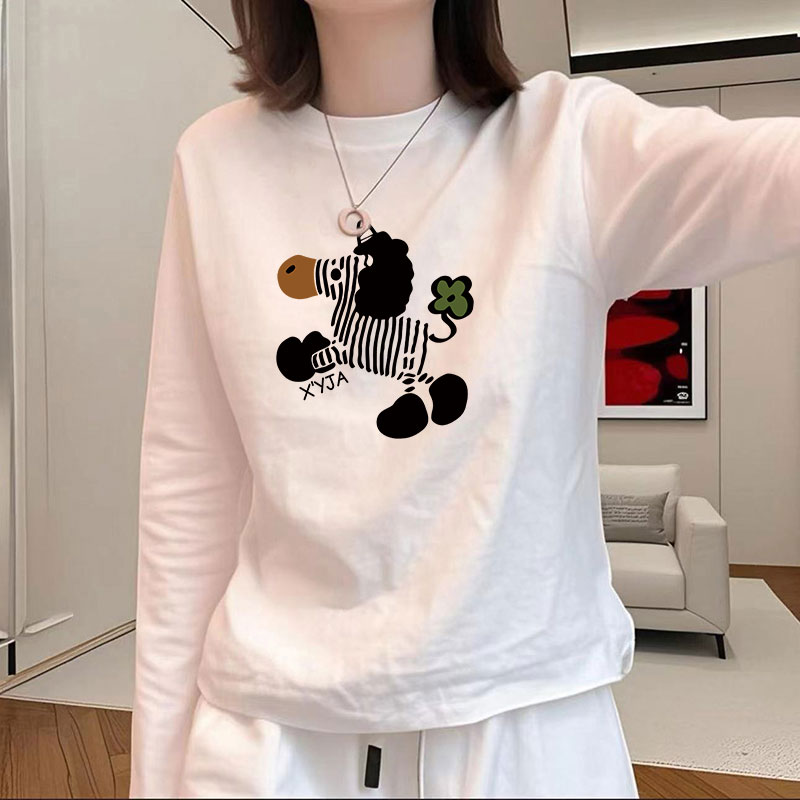 圆领正肩纯棉长袖t恤女时尚洋气白色上衣可外穿打底衫春秋冬季女