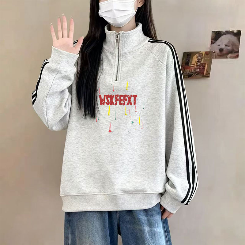 设计感ins潮流新款三条杠半拉链立领加绒加厚卫衣女宽松休闲外穿