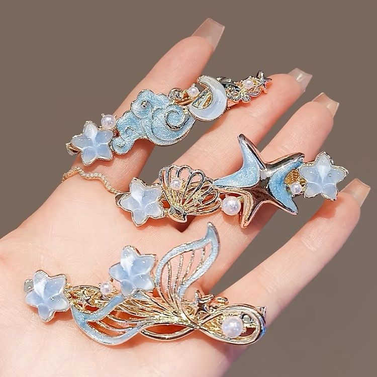 小清新梦幻蓝鱼尾彩釉仿鸭嘴夹前额侧边夹刘海夹碎发夹子高级