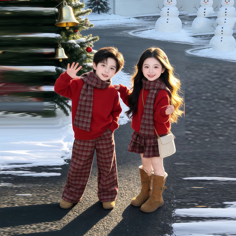 兄妹儿童加绒套装2026秋冬新款男女宝喜庆红上衣格子裤姐弟拜年服