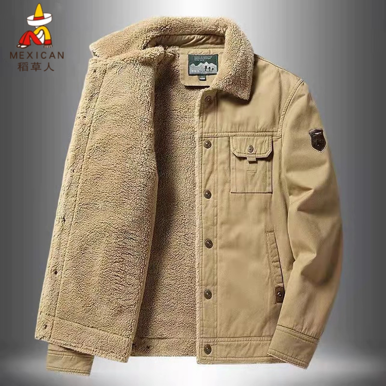 稻草人新款翻领加厚冬季羊羔绒夹克棉袄男加绒工装夹克棉服外套户