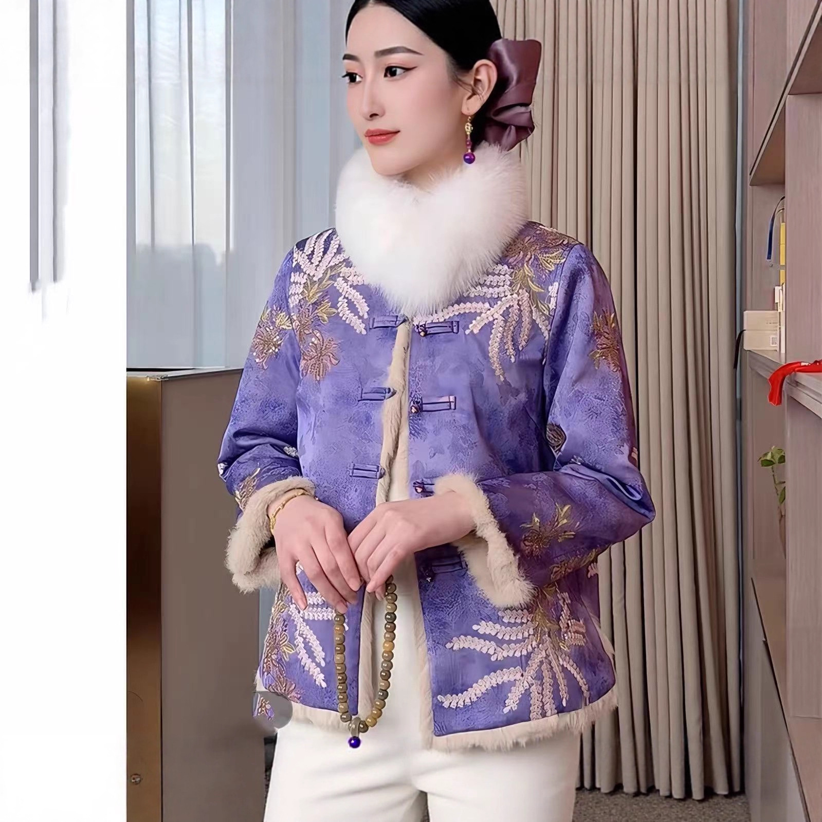 双面双穿2025新款新中式国风香云纱刺绣拼接兔毛皮毛一体皮草外套
