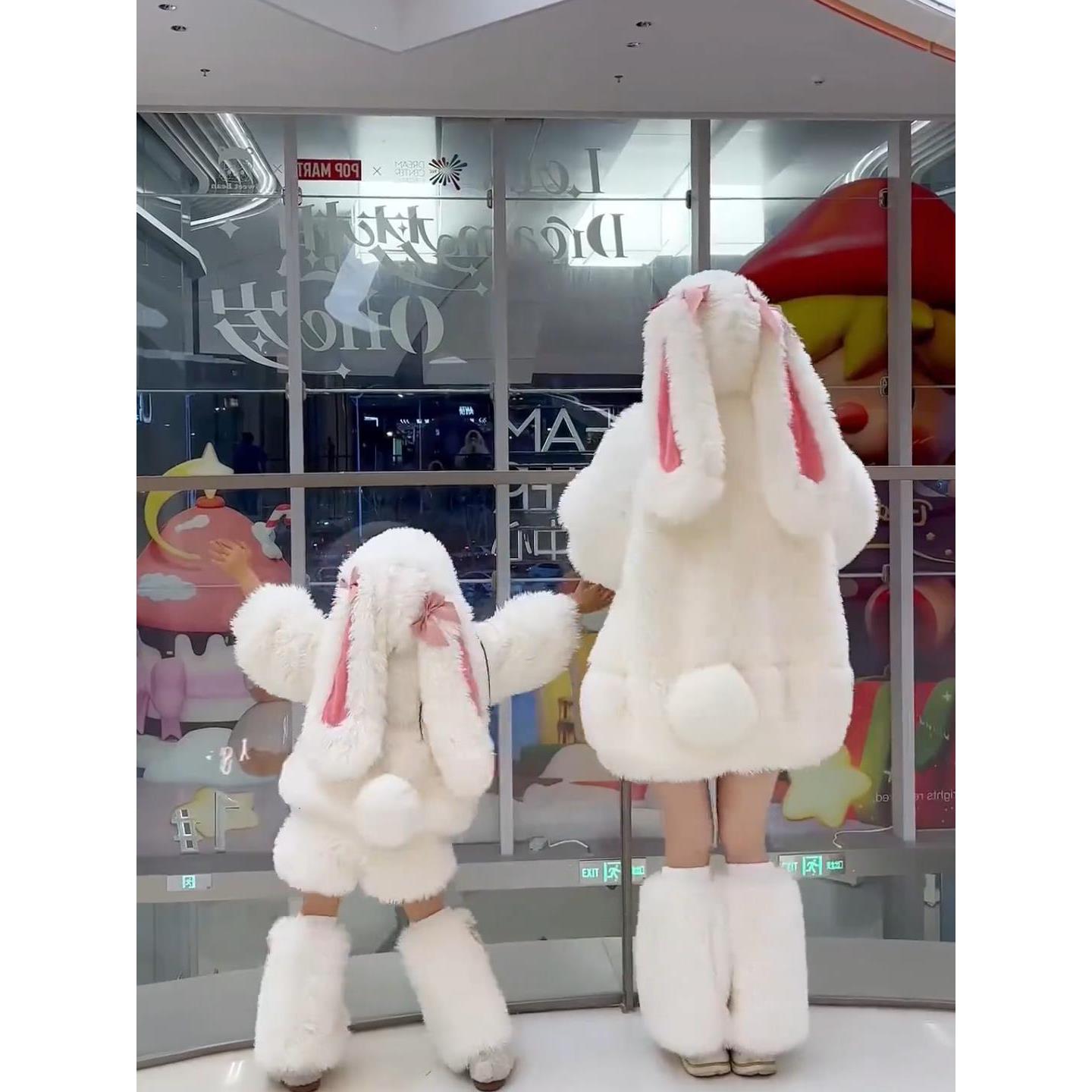 万达撤柜新款秋冬款女童洋气兔子套装儿童夹加厚彷皮草时髦卫衣两