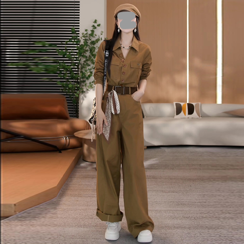 复古气质翻领长袖连体裤女2025春秋新款设计感减龄收腰显瘦直筒裤