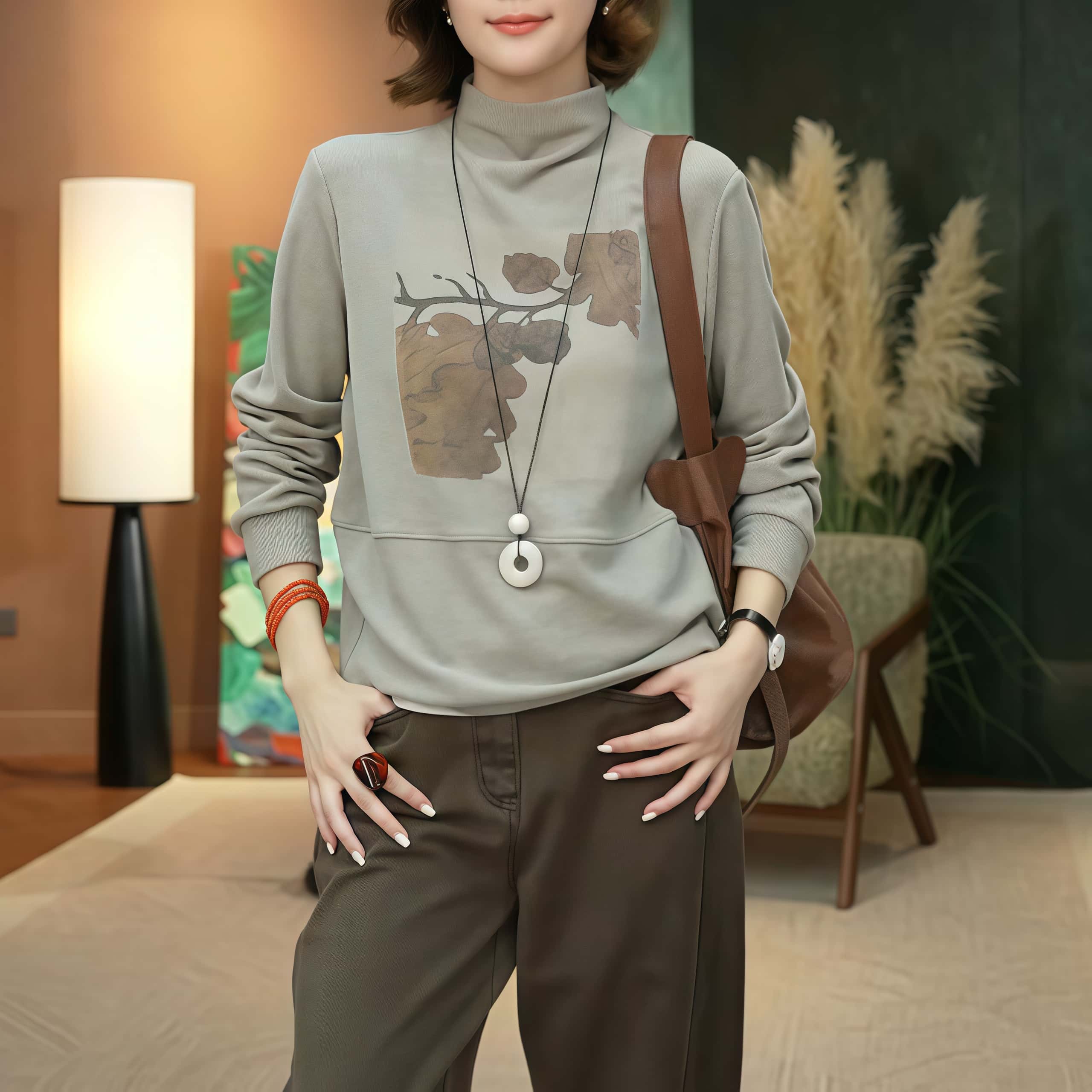 秋冬气质半高领德绒保暖打底衫女2025新款文艺印花宽松显瘦卫衣