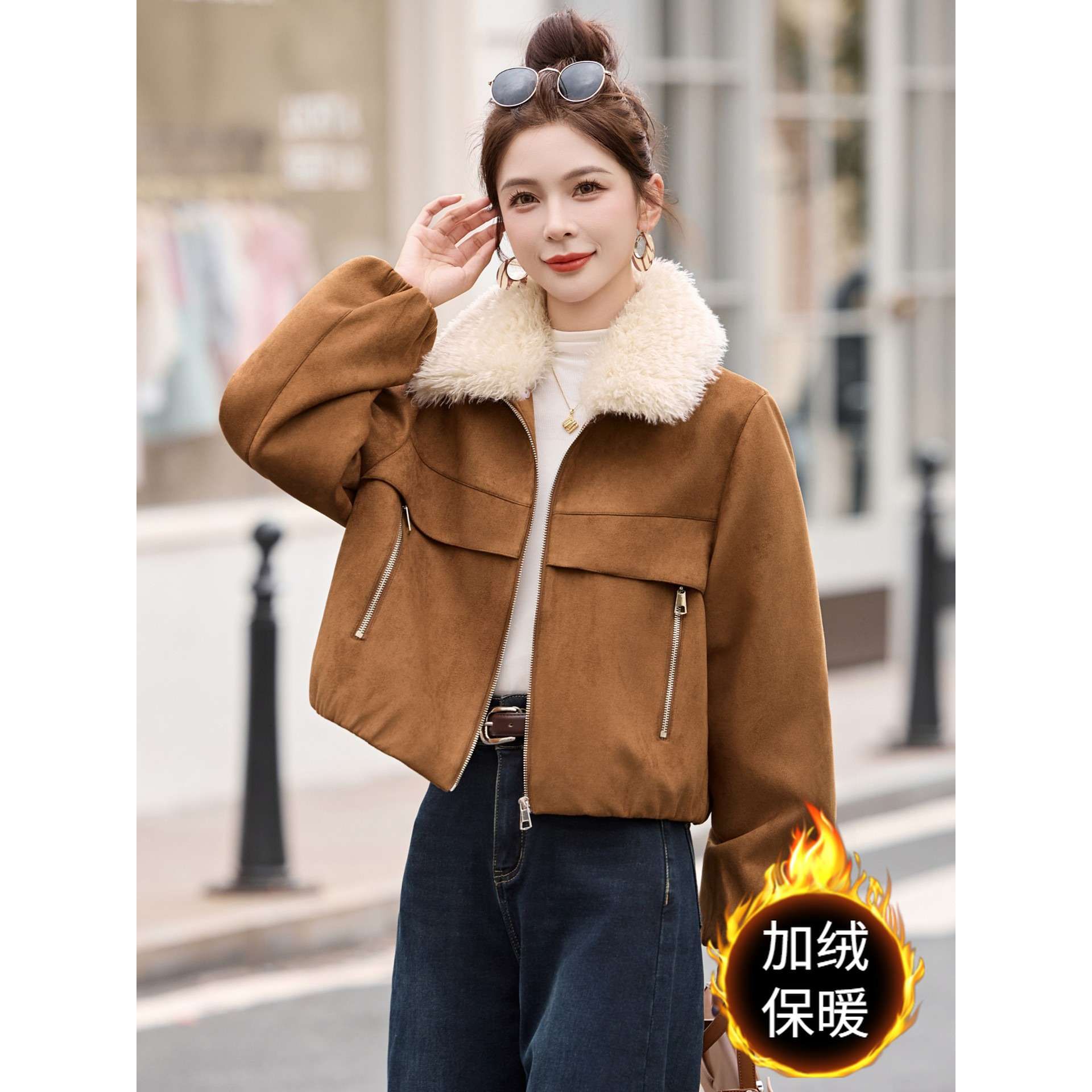 麂皮绒短外套女加绒加厚2025冬季新款韩版宽松休闲带毛领夹克上衣