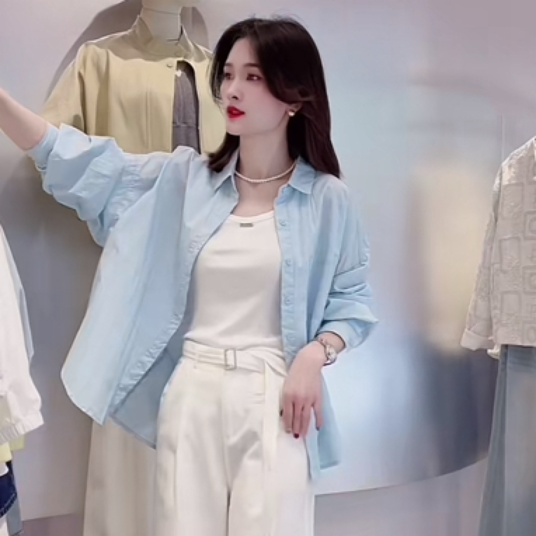 欧若风水蓝衬衫女2025夏季新款宽松休闲遮肉韩版长袖衬衣防晒衣