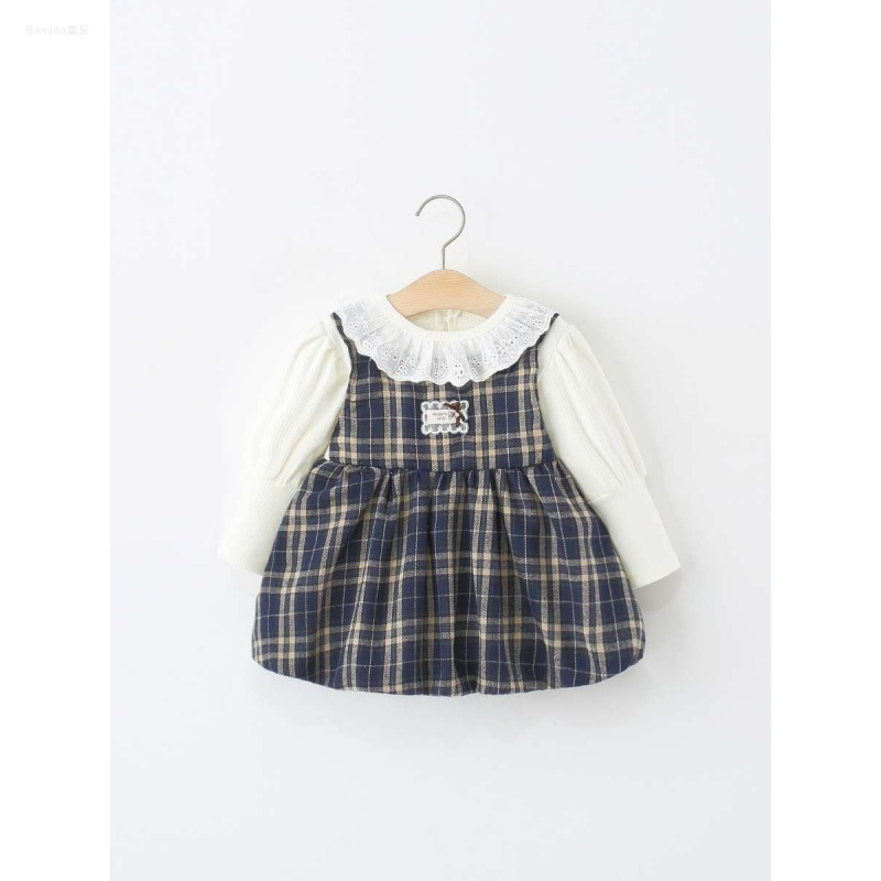 巴拉扣扣女童连衣裙春秋季婴儿童女宝宝花边领格纹假两件花苞公主