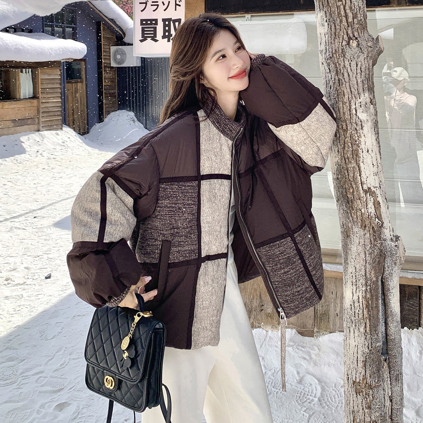 高级感拼色格子立领羽绒服女2025冬季新款设计感气质减龄短款外套