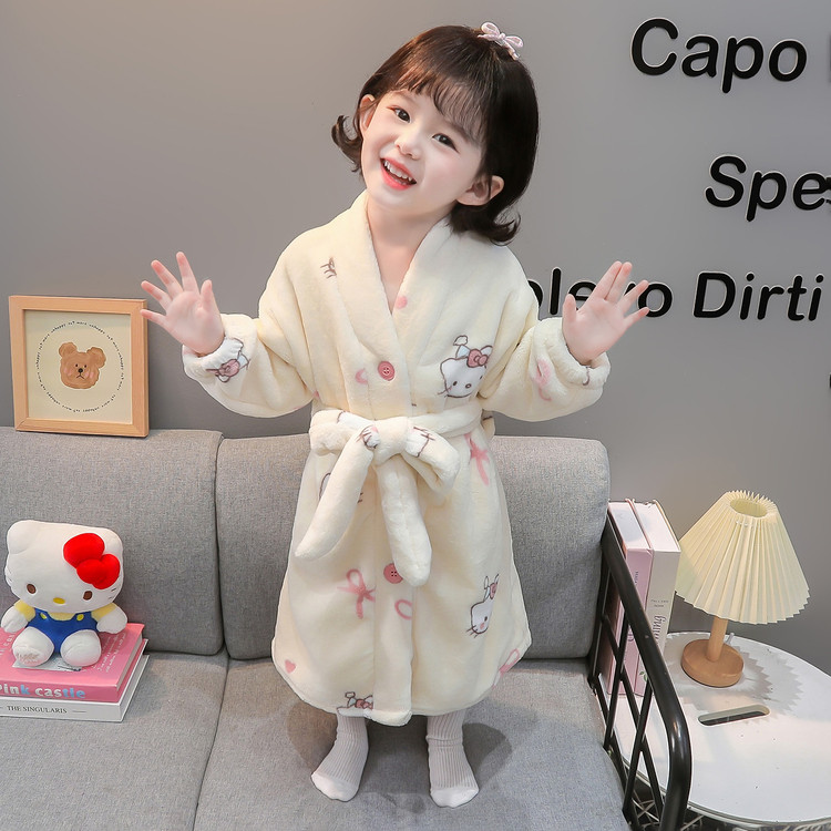 6-12岁儿童睡衣浴袍加绒珊瑚绒秋冬季加厚保暖可爱宝宝女童睡袍