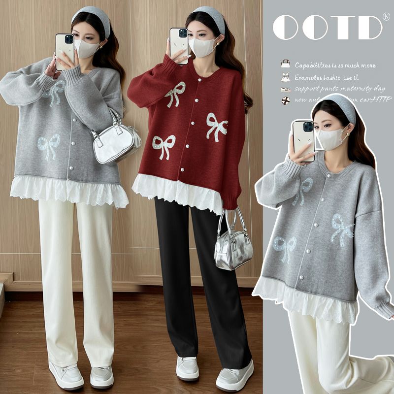 孕妇秋冬时尚宽松显瘦减龄蝴蝶结毛衣开衫软糯上衣慵懒孕妇装