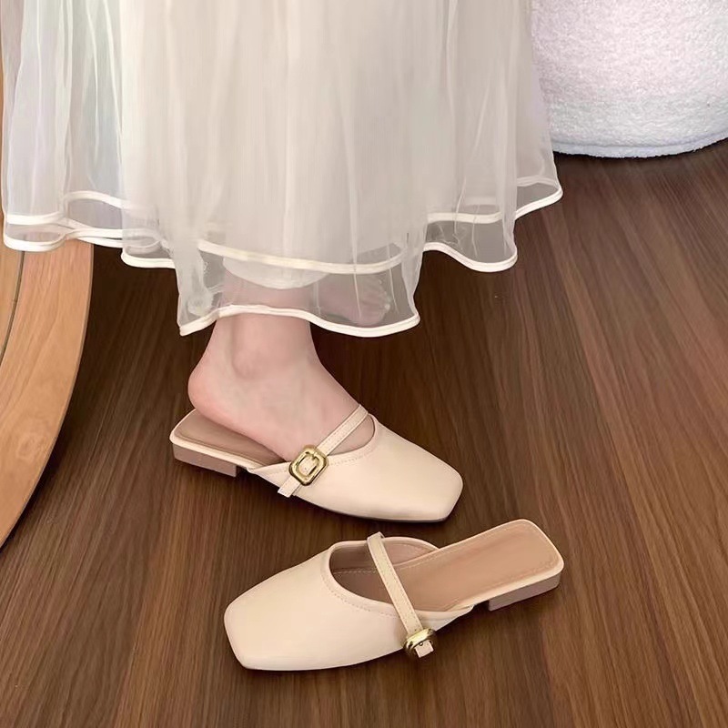 法式包头半拖鞋女外穿春夏新款浅口百搭软皮穆勒鞋玛丽珍单鞋