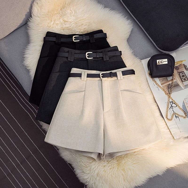 咖色毛呢显瘦短裤女秋冬外穿宽松A字时尚百搭大码靴裤高腰阔腿裤