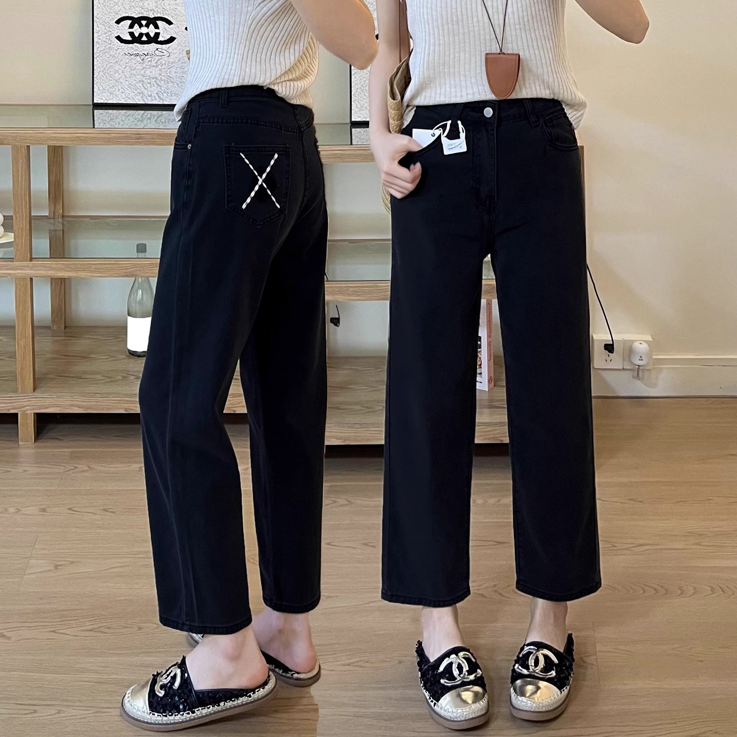 四面弹九分烟管法棍裤2025秋新款黑灰色高腰显瘦窄版直筒牛仔裤女