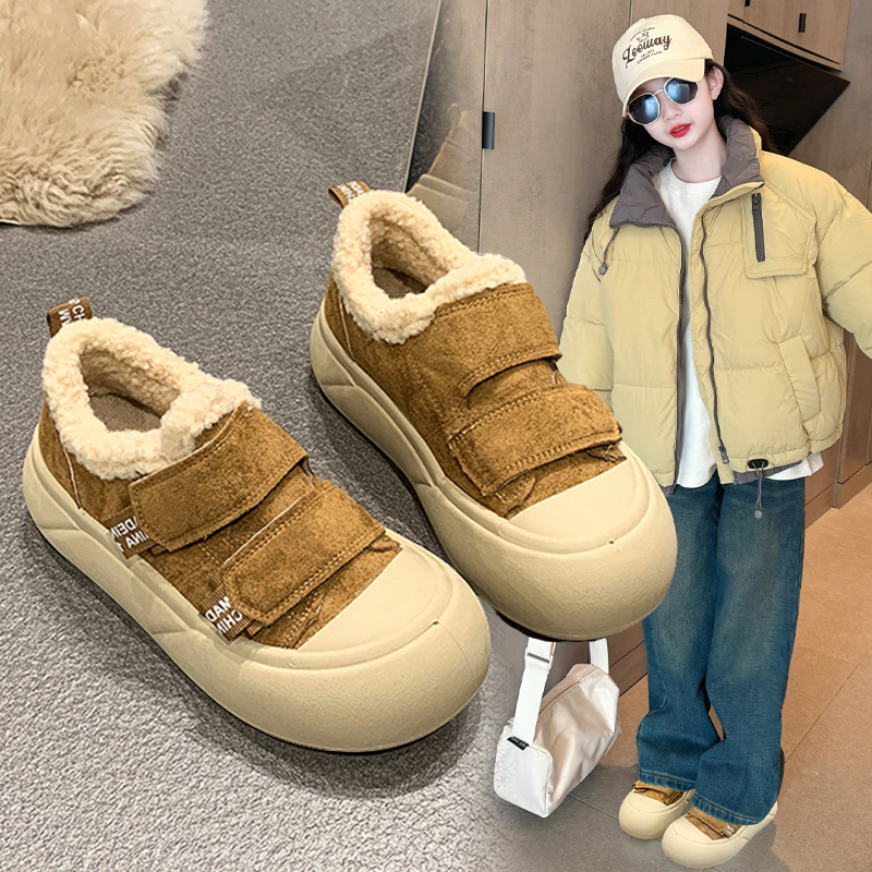 品牌断码女童棉鞋2025冬季新款复古加绒面包鞋中大童魔术贴防