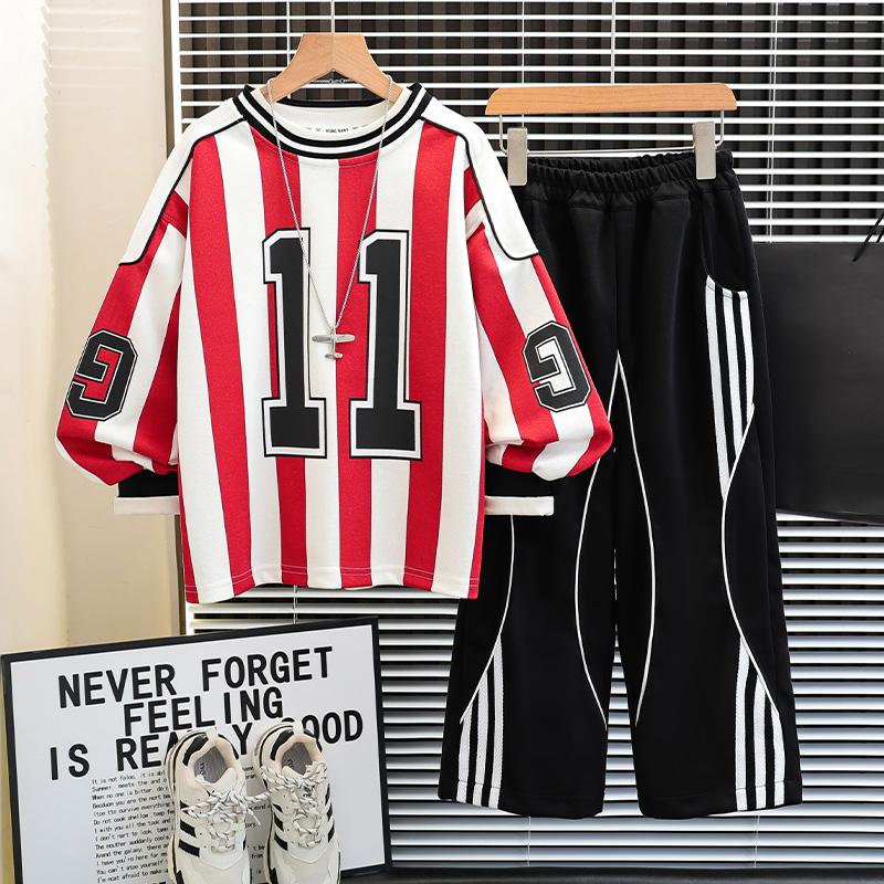 品牌】男童中大童春秋季时尚条纹韩版长袖长裤儿童卫衣宽松潮套装