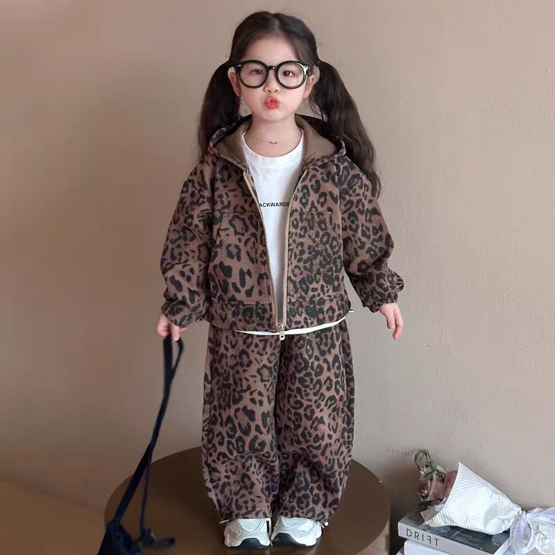 【艺小微】儿童春秋新款两件套男女宝宝连帽豹纹套装网红外出服