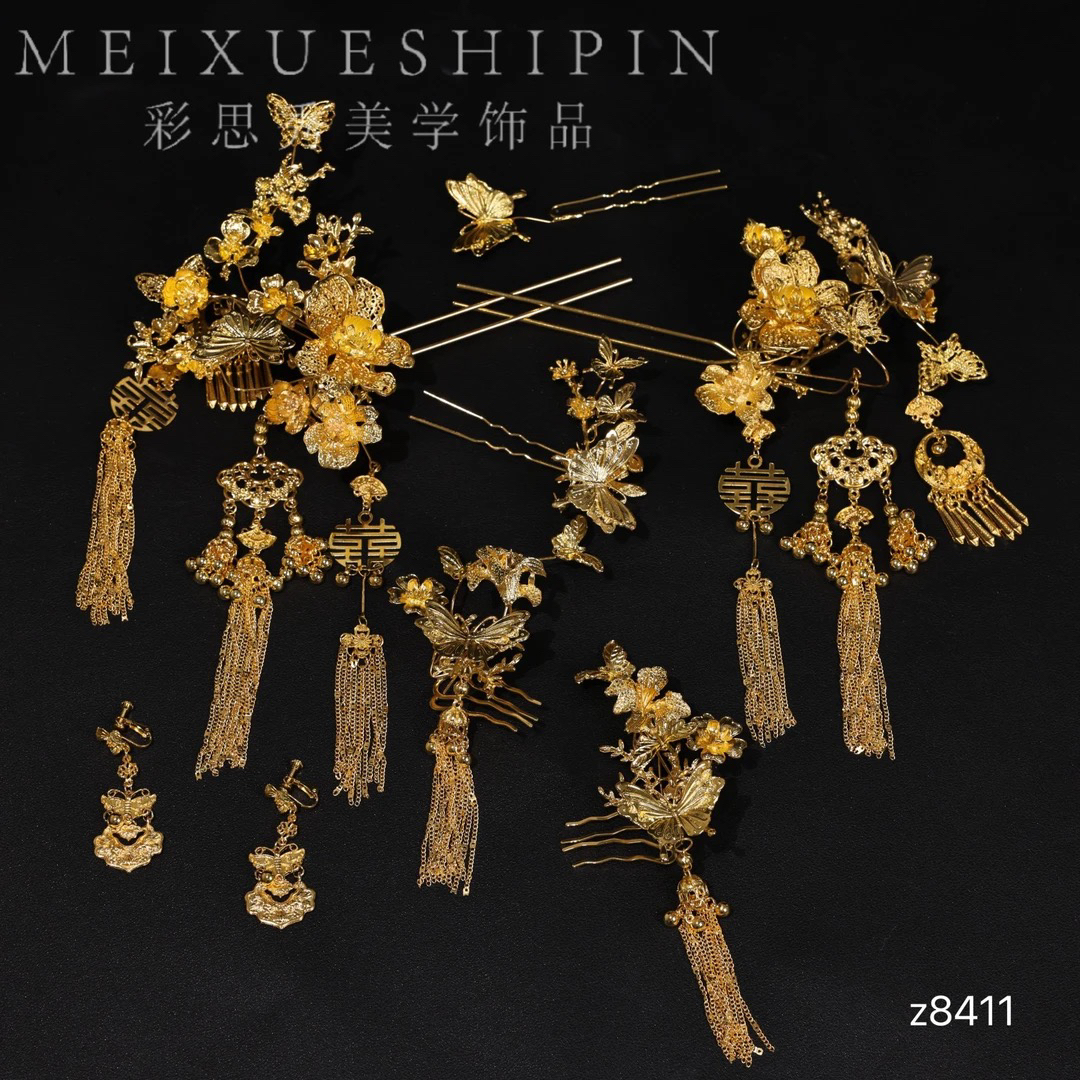 z8411金色精致大气中式婚礼秀禾古风龙凤褂新娘头饰