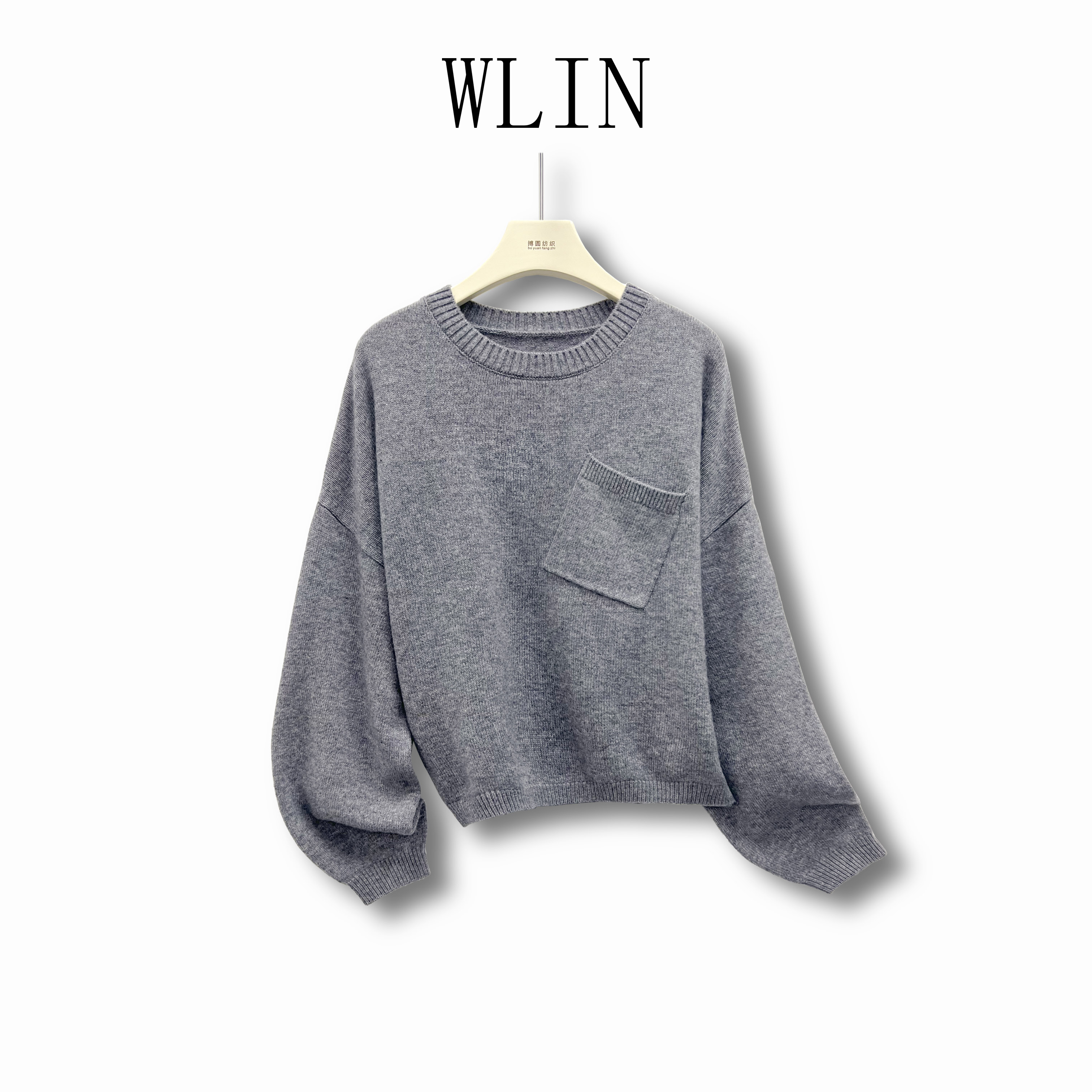 WLIN 百分百羊毛圆领口袋宽松舒适女士针织衫WL61099