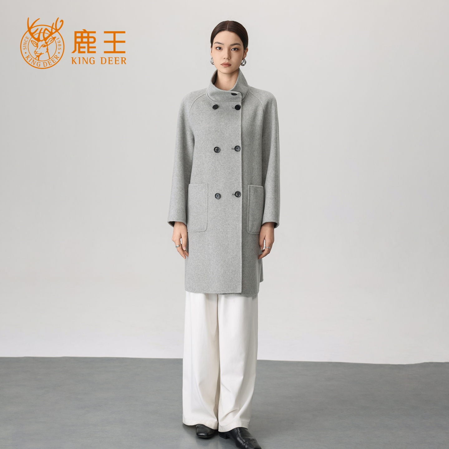 鹿王25秋冬新款女烟囱领100山羊绒双排扣中长双面呢大衣 YFL8075