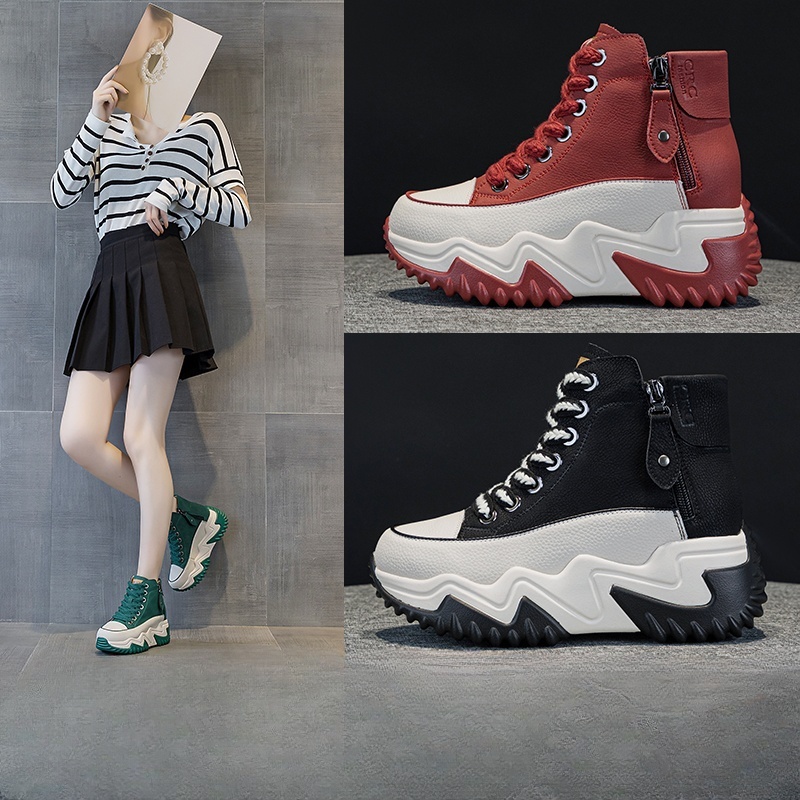 增高8厘米真牛皮老爹鞋女ins秋冬季小个子显高厚底高帮运动休闲鞋