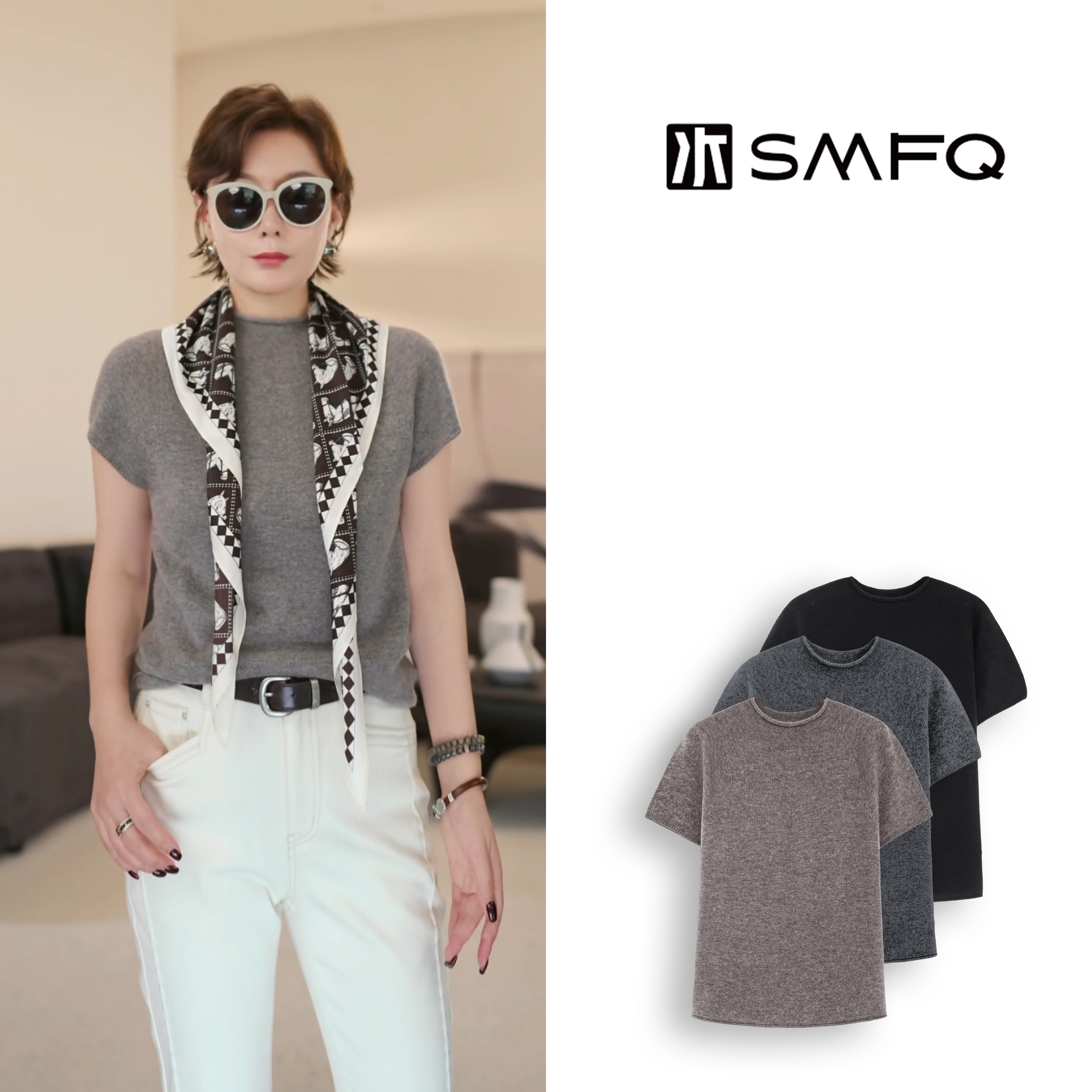 水木夫妻  进口甄选羊绒+羊毛针织短袖上衣女