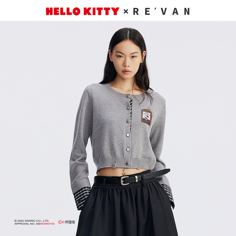【沈梦辰同款】REVAN芮范25秋HelloKitty印花毛衣短开衫RL72801259