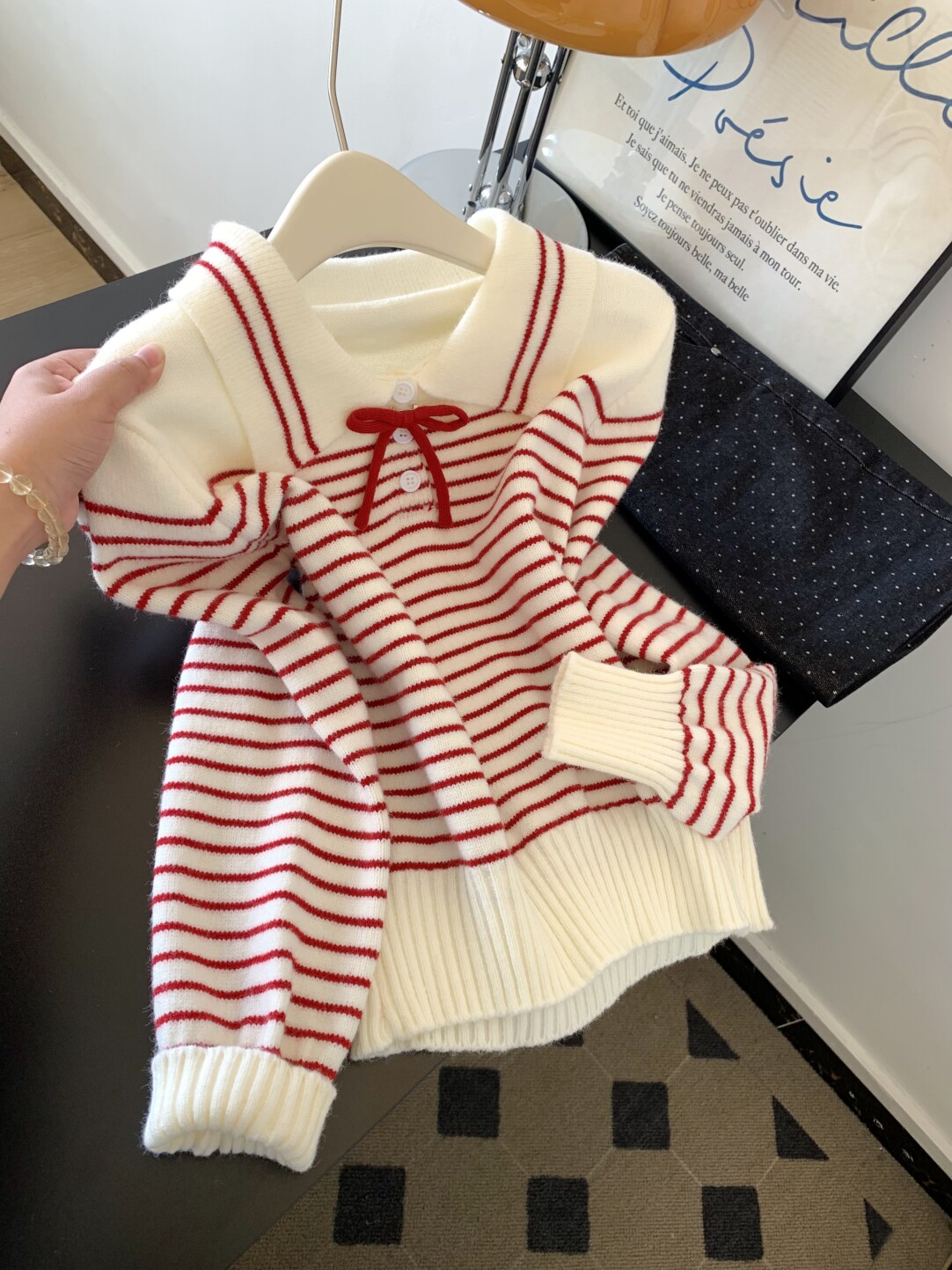 韩系翻领条纹蝴蝶结绑带毛衣女秋冬设计感小众甜美减龄针织衫上衣
