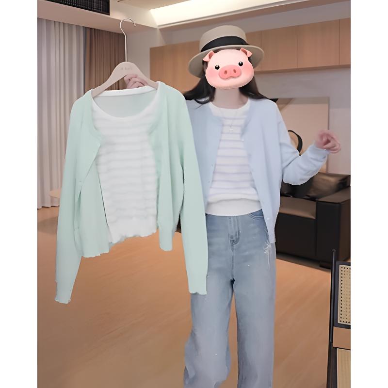 毛衣女春季2025新款韩系慵懒休闲百搭拼接条纹假两件针织开衫上衣