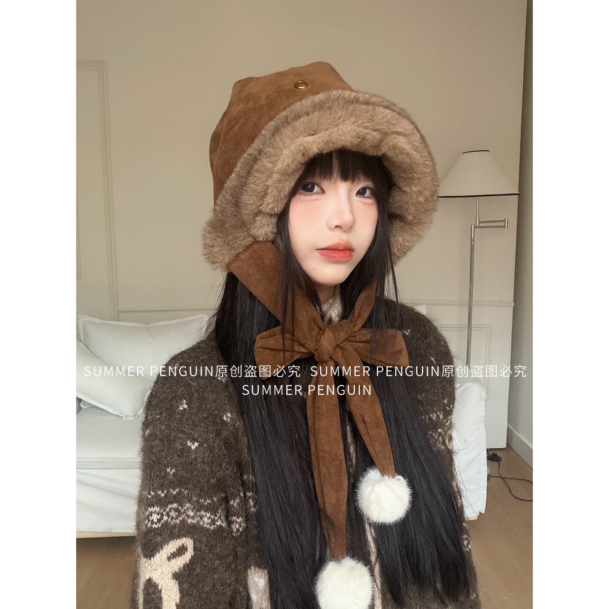 SUMMER PENGUIN加厚护耳绑带拉法帽麂皮绒秋冬保暖雷锋帽子女桶帽