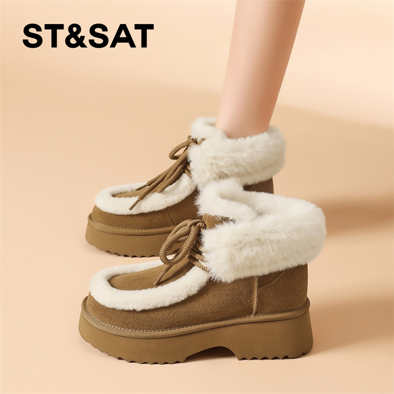 星期六厚底加绒雪地靴2025冬季新款毛绒边棉鞋系带松糕底保暖短靴