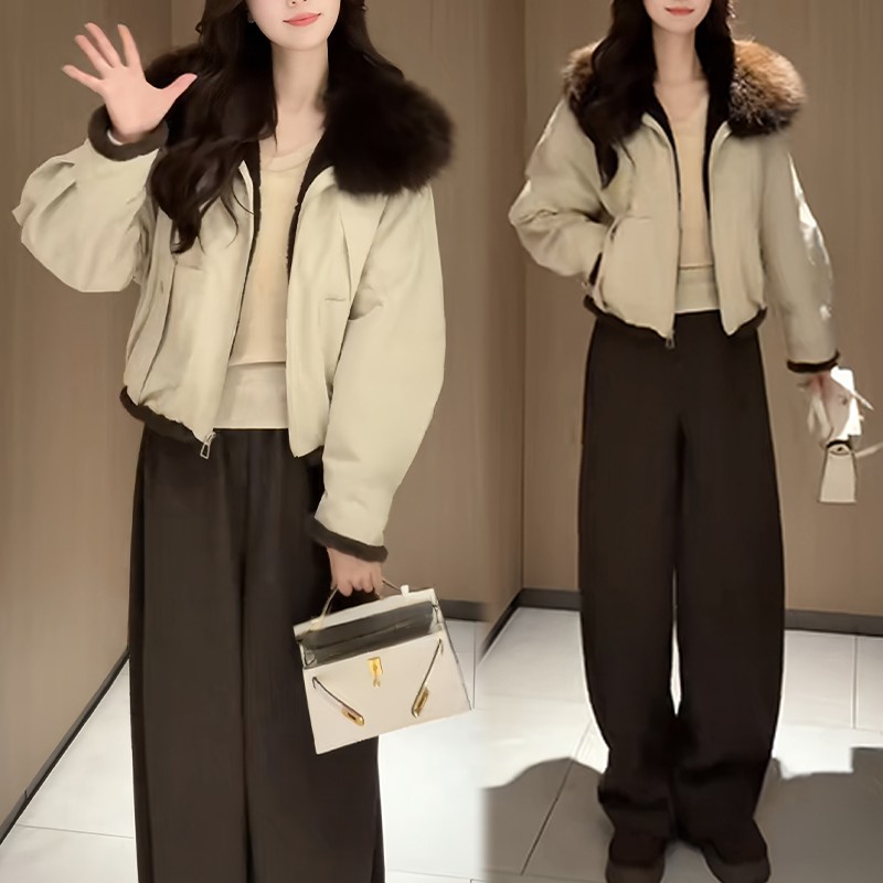 时尚撞色翻领短外套女2025冬季韩系新款毛领加厚时尚保暖上衣穿搭