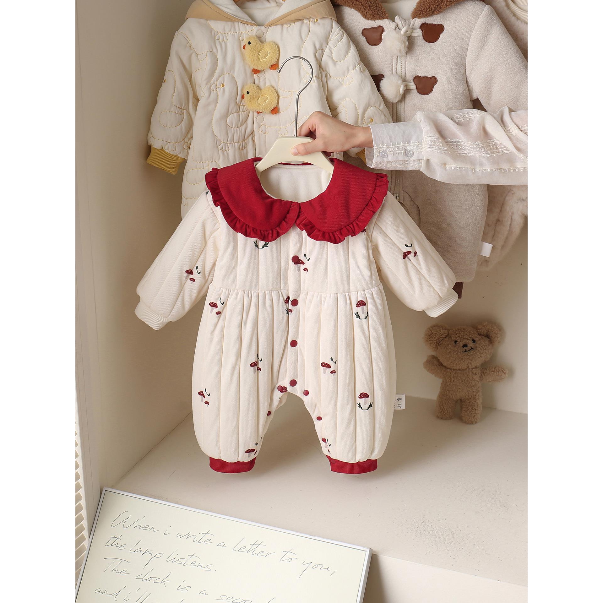 范哲萨女婴儿秋冬装外套超萌夹棉加绒连体棉服宝宝哈衣满月周