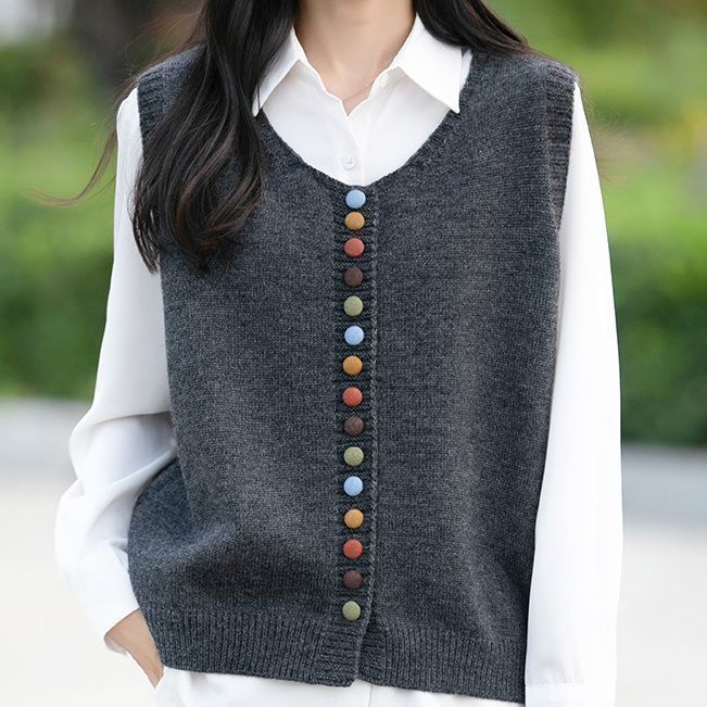 100%专柜正品羊毛衫~彩扣针织开衫女新款马甲宽松百爆款洋气新款