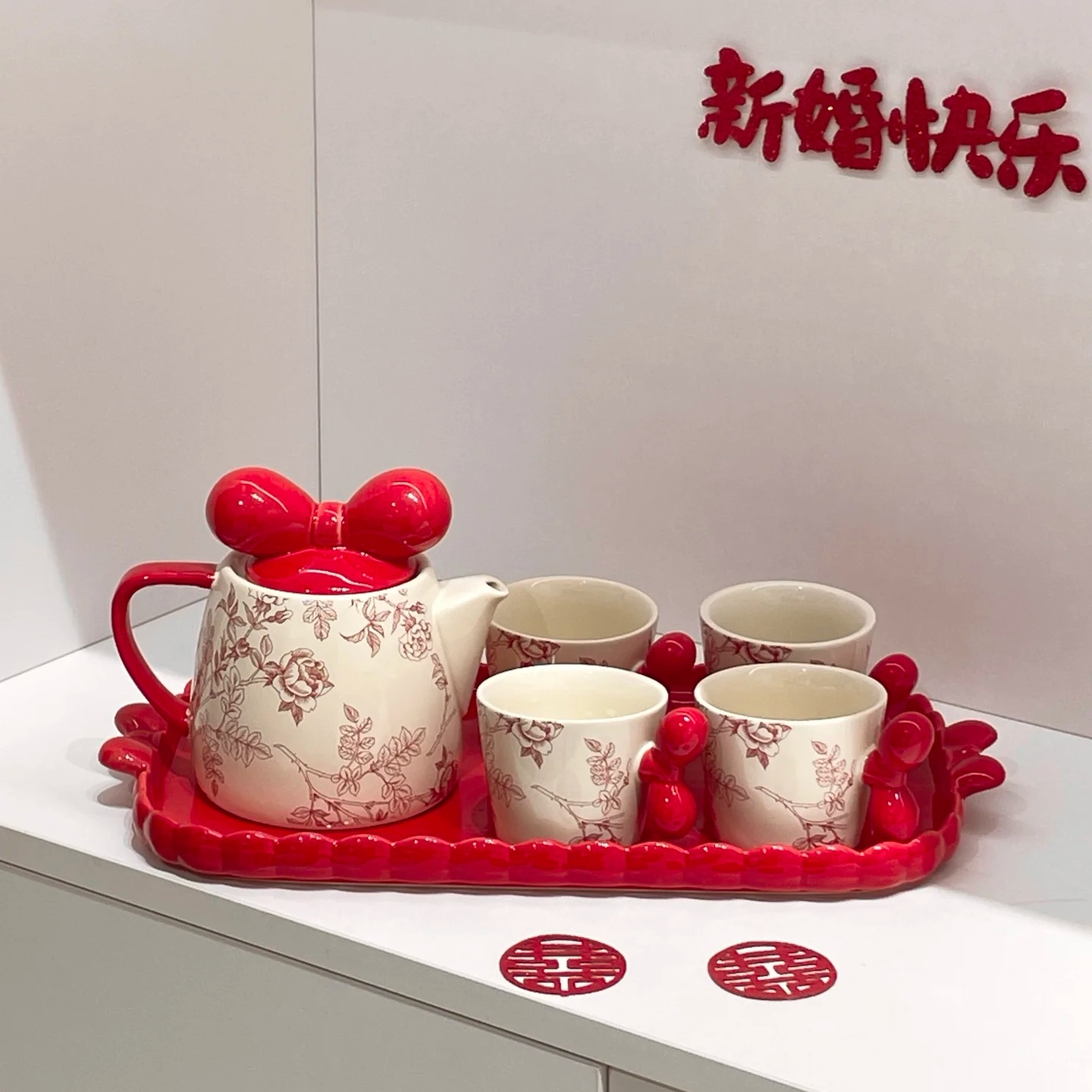 红色杯子水杯套装家用陶瓷泡茶壶茶杯订婚乔迁新婚礼物送新娘闺蜜