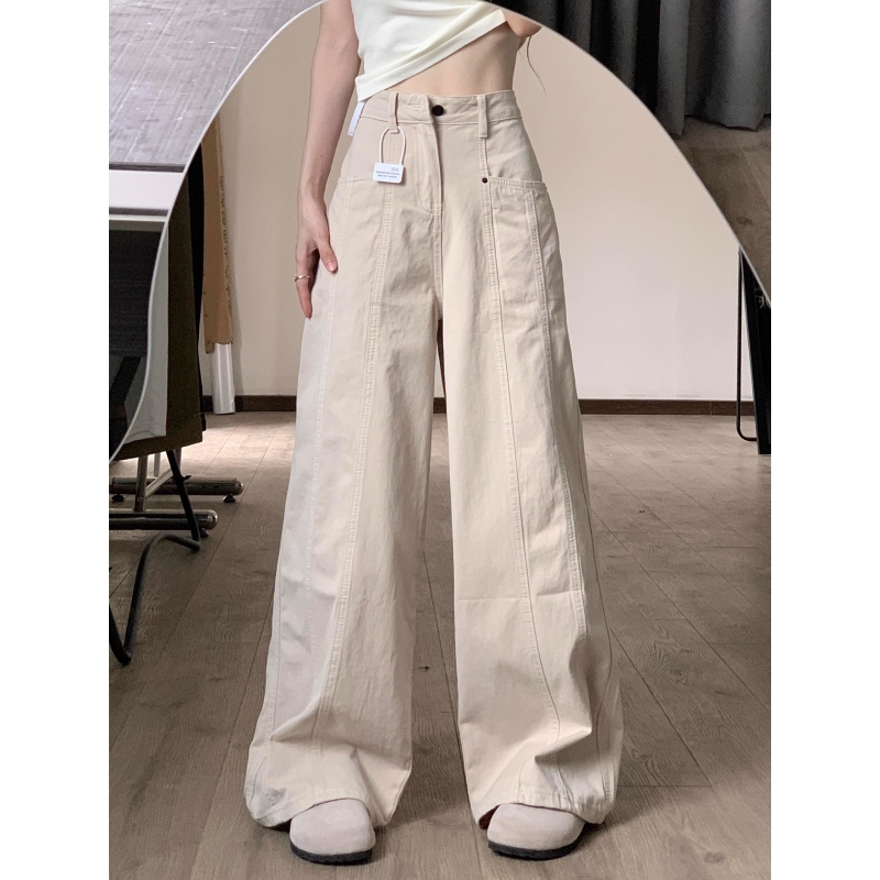 美式米杏色工装牛仔裤女夏季高腰宽松显瘦直筒垂感阔腿拖地休闲裤