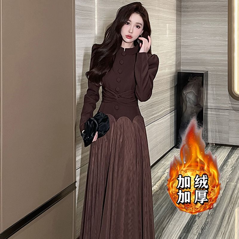 加绒加厚气质时尚法式复古设计感连衣裙名媛收腰遮肉网纱长裙子秋