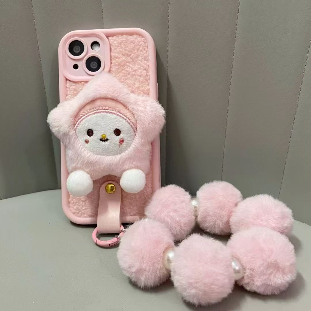 秋冬毛绒少女iPhone17promax手机壳15plus腕带适用苹果16女14/13
