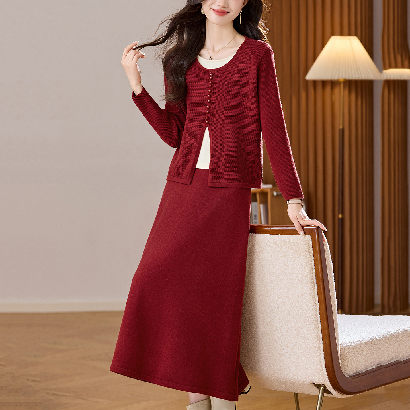 假两件上衣女时尚洋气套装半身裙秋冬新款气质高级感打底衫A字裙