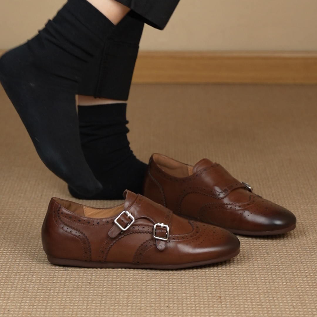 NNMISS·34-39/1cm布洛克雕花双皮带扣复古圆头擦色平底乐福鞋