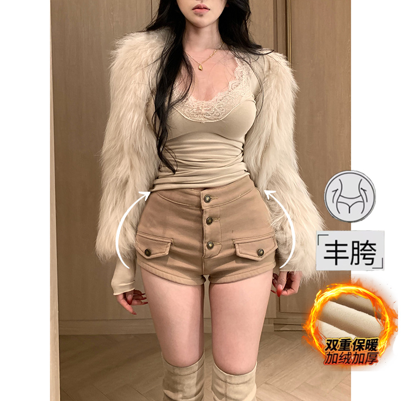 加绒丰胯老钱风牛仔短裤女2025冬季新款多扣性感紧身显瘦包臀热裤