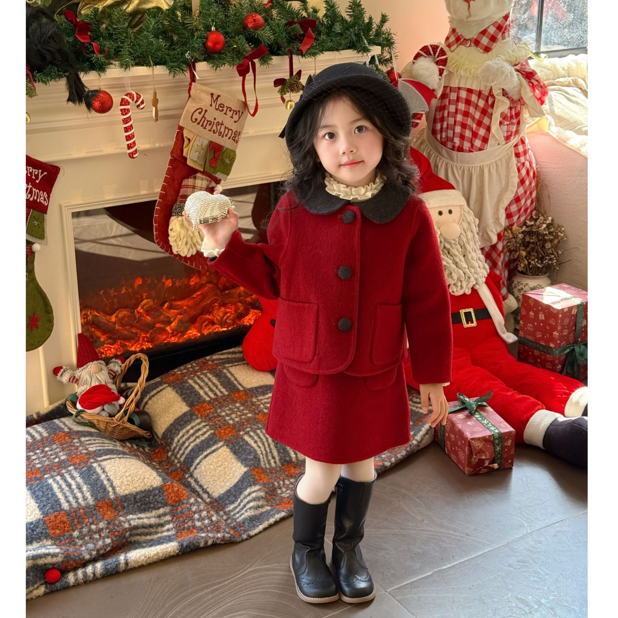 壹妈童装女童套装冬季2025红色拜年服外套背心裙子女宝两件套