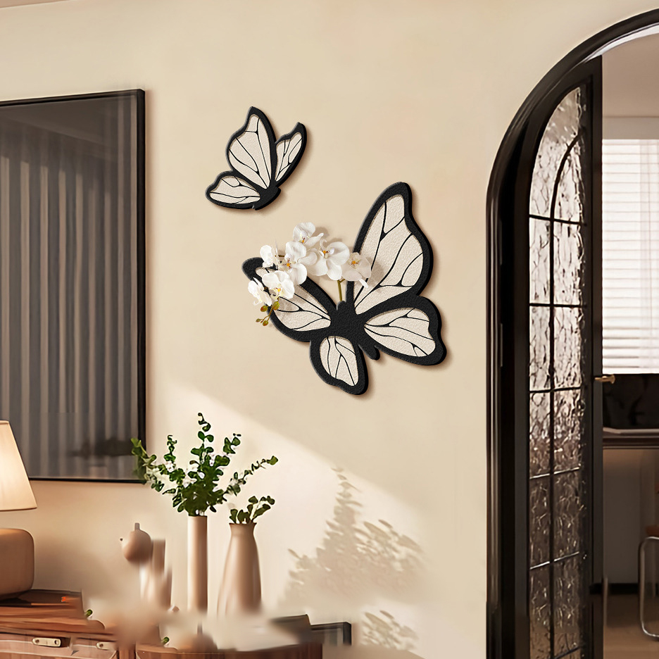 黑白蝴蝶电视背景墙装饰画法式中古风客厅挂画卧室立体砂岩挂件画