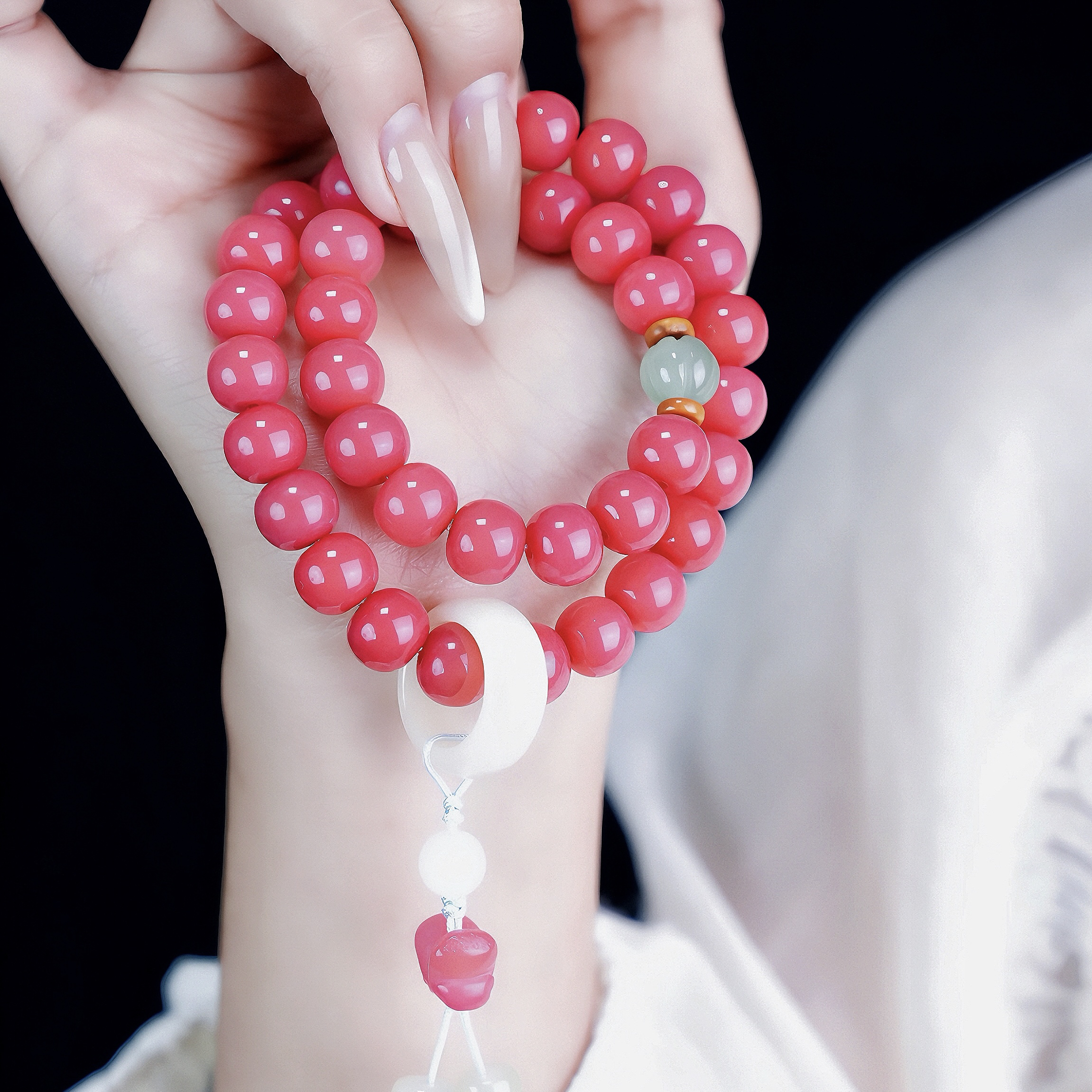 【蜜桃四季春】精品菩提双圈蝴蝶手串女款粉色桶珠手持高密
