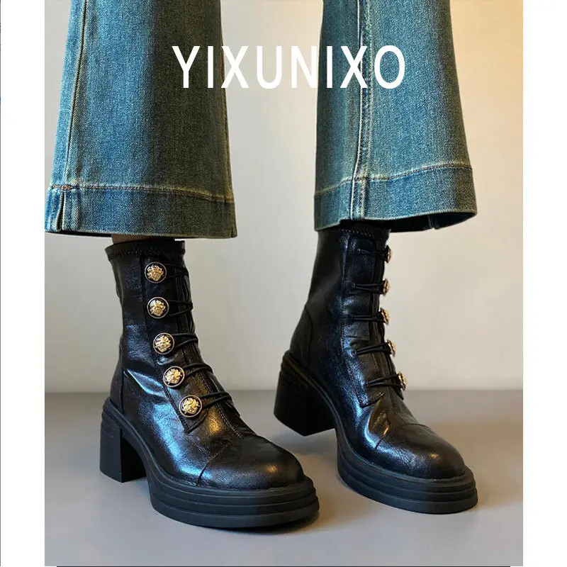 牛皮版~徽章小金扣马丁靴女复古厚底秋冬新款粗跟瘦瘦靴高跟短靴