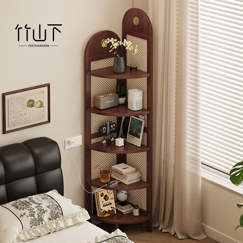 床头置物架多层收纳架中古风转角简易置物柜一体靠墙床头柜替代品
