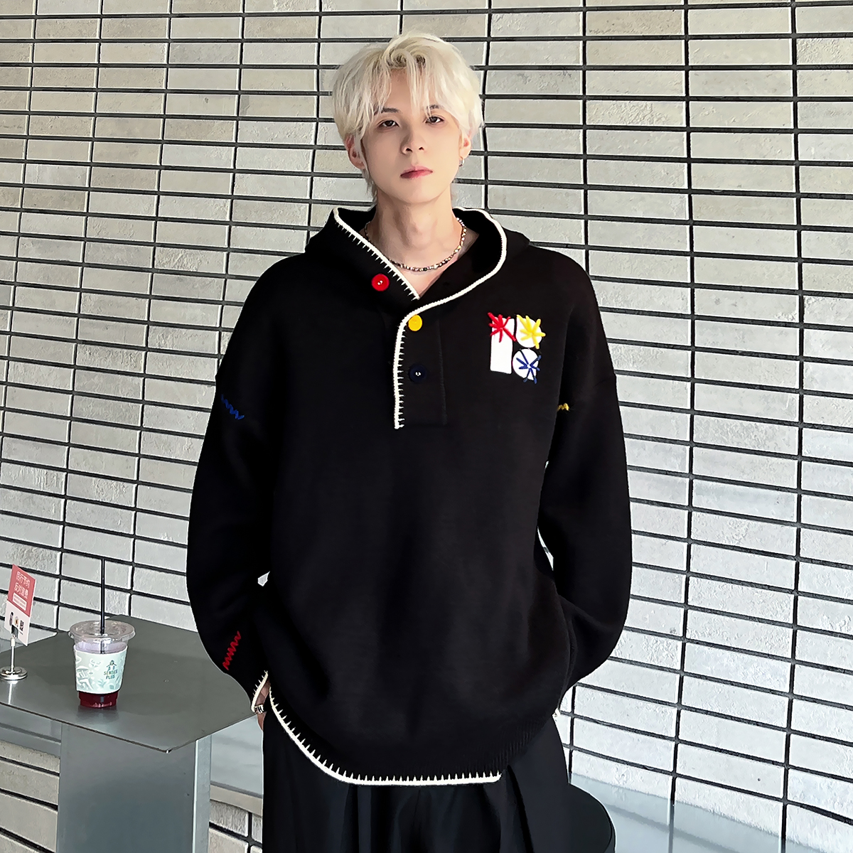 色彩扣贴布设计连帽针织开衫外套男春秋潮牌情侣ins慵懒宽松上衣
